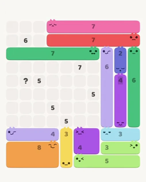 MeowBlock Level 73 after step 14, placing the 7-cell horizontal block at the upper center