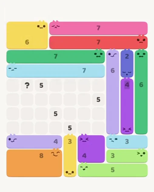 MeowBlock Level 73 after step 16, placing the 6-cell rectangular block at the upper-left area