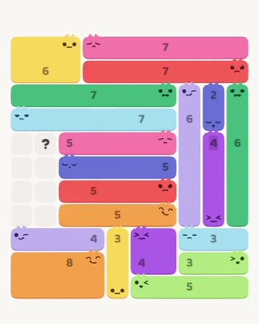 MeowBlock Level 73 after step 20, placing the 5-cell horizontal block at the lower center