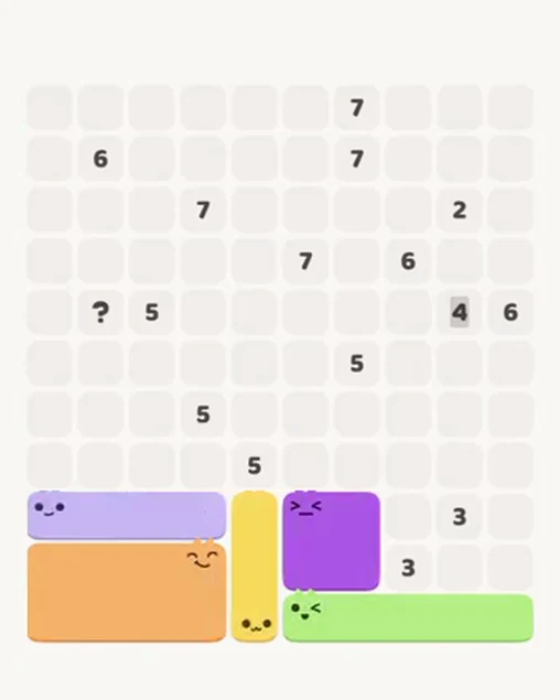 MeowBlock Level 73 after step 5, placing the 4-cell square block at the lower center