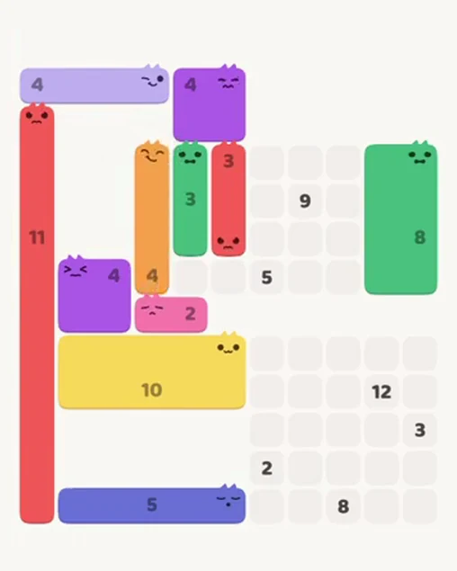 MeowBlock Level 74 after step 11, placing the 4-cell vertical block at the middle center