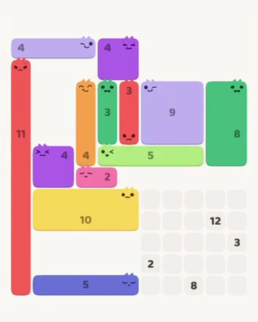 MeowBlock Level 74 after step 13, placing the 9-cell square block at the upper-right area