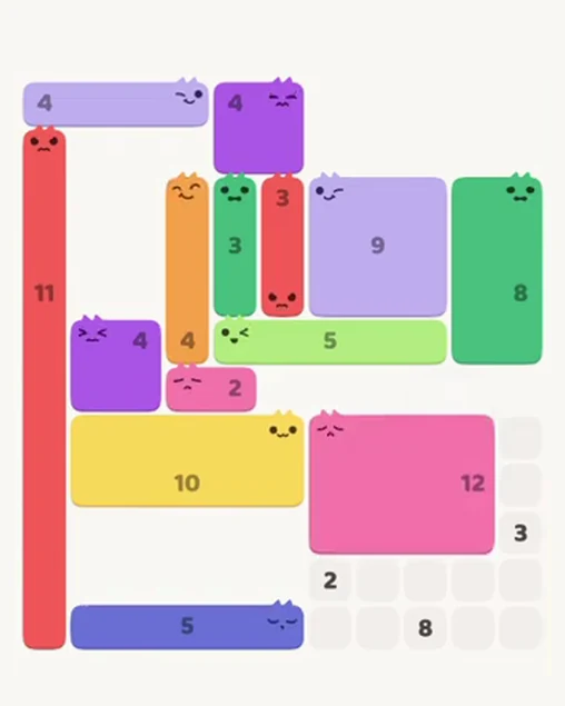 MeowBlock Level 74 after step 14, placing the 12-cell rectangular block at the lower-right area