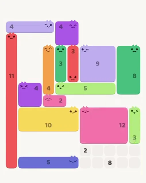 MeowBlock Level 74 after step 15, placing the 3-cell vertical block at the lower-right area