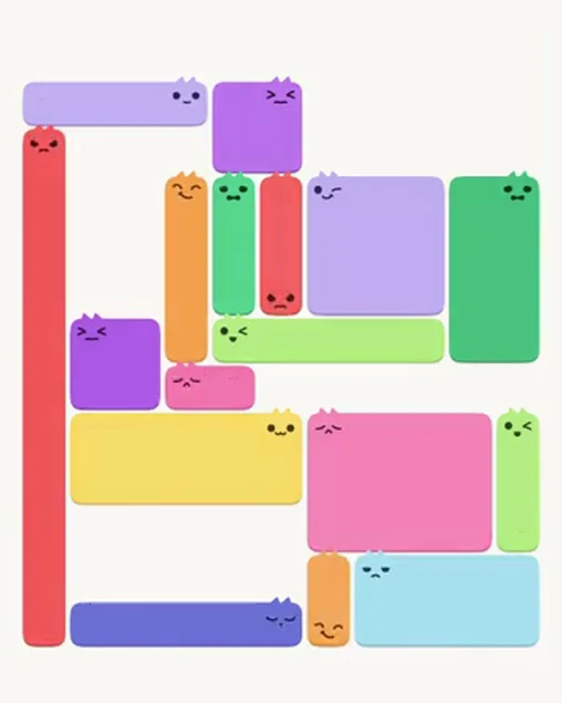 MeowBlock Level 74 after step 17, placing the 2-cell vertical block at the lower center