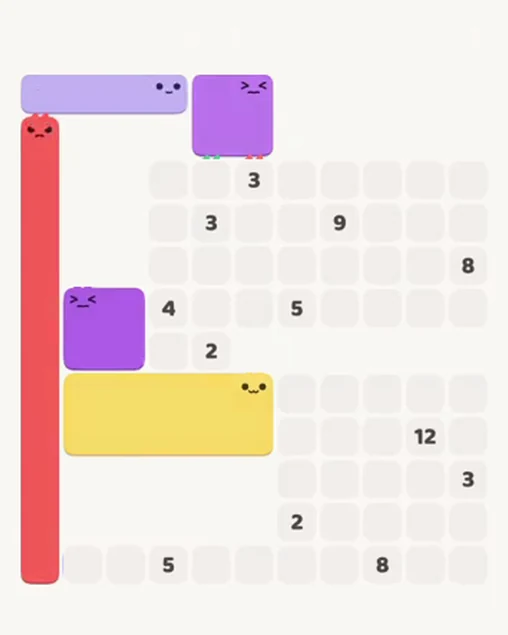 MeowBlock Level 74 after step 5, placing the 10-cell rectangular block at the lower center