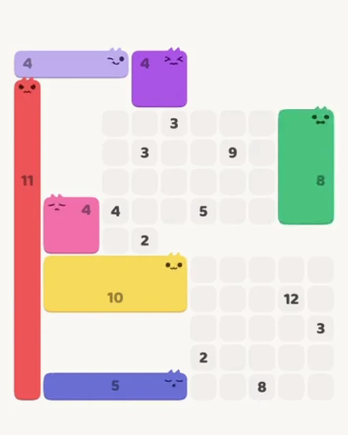 MeowBlock Level 74 after step 7, placing the 8-cell rectangular block at the middle-right area