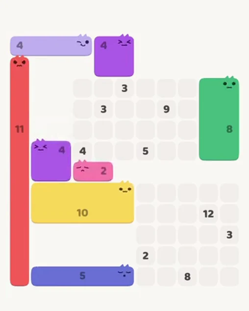 MeowBlock Level 74 after step 8, placing the 2-cell horizontal block at the middle center