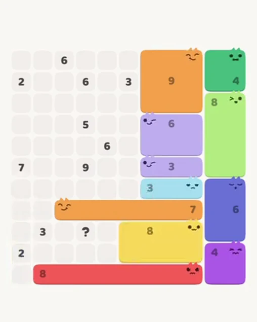 MeowBlock Level 75 after step 11, placing the 8-cell rectangular block at the lower-right area