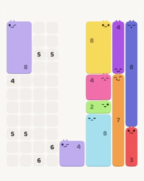 MeowBlock Level 76 after step 10, placing the 8-cell rectangular block at the upper-left area