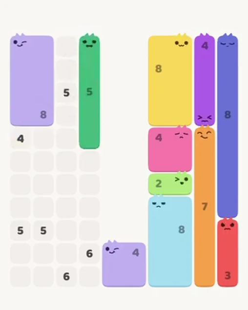 MeowBlock Level 76 after step 11, placing the 5-cell vertical block at the upper center