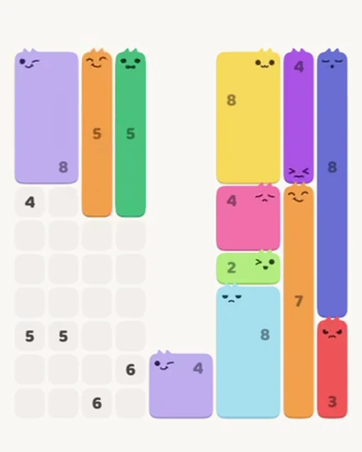 MeowBlock Level 76 after step 12, placing the 5-cell vertical block at the upper-left area