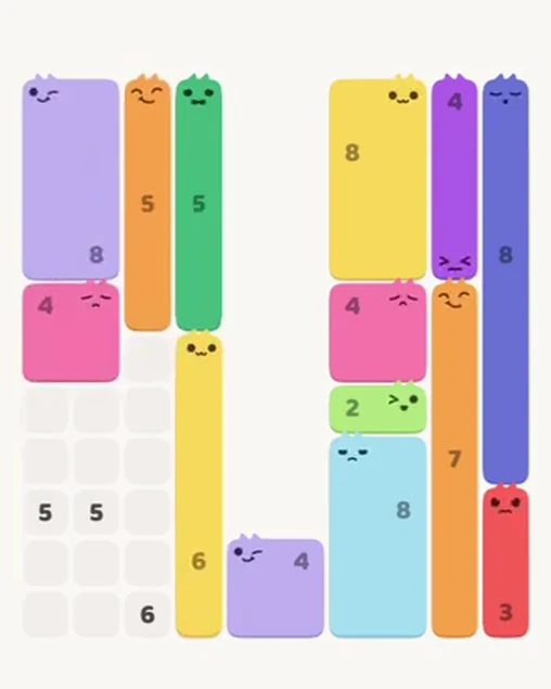 MeowBlock Level 76 after step 14, placing the 6-cell vertical block at the lower center