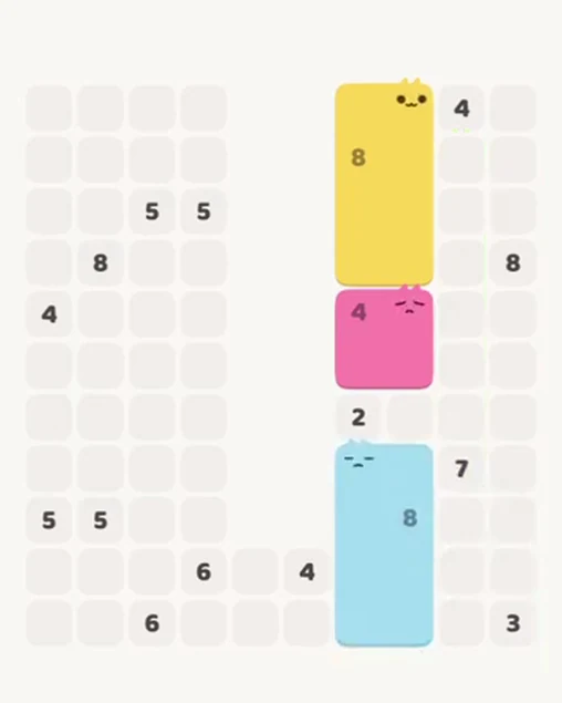 MeowBlock Level 76 after step 3, placing the 8-cell rectangular block at the lower-right area