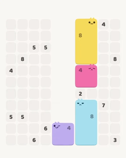 MeowBlock Level 76 after step 4, placing the 4-cell square block at the lower center