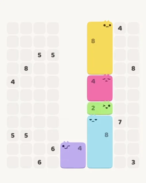 MeowBlock Level 76 after step 5, placing the 2-cell horizontal block at the middle-right area