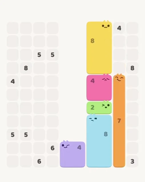 MeowBlock Level 76 after step 6, placing the 7-cell vertical block at the lower-right area