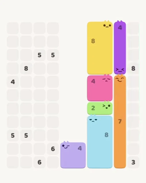 MeowBlock Level 76 after step 7, placing the 4-cell vertical block at the upper-right area