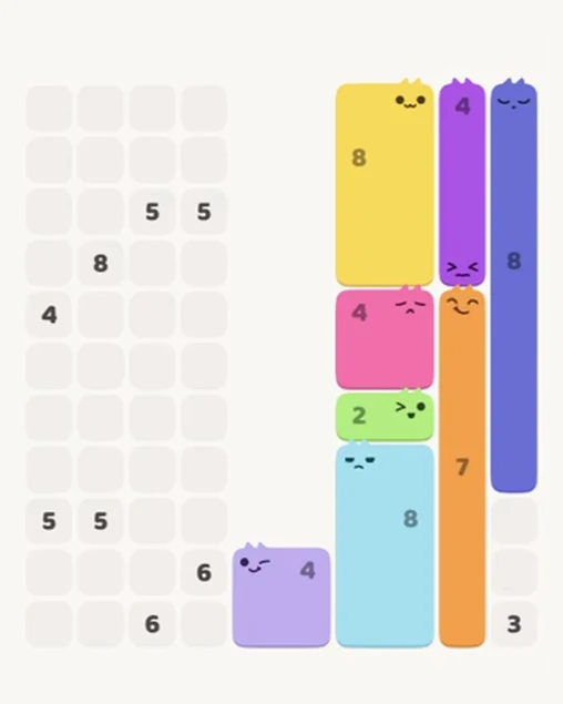 MeowBlock Level 76 after step 8, placing the 8-cell vertical block at the middle-right area