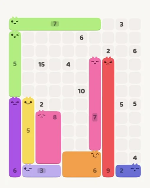 MeowBlock Level 77 after step 10, placing the 7-cell vertical block at the middle-right area