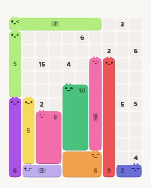 MeowBlock Level 77 after step 11, placing the 10-cell rectangular block at the lower center