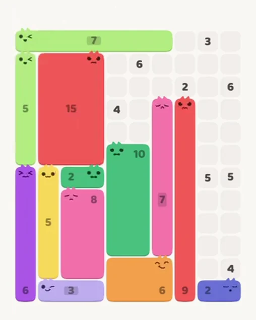 MeowBlock Level 77 after step 13, placing the 15-cell rectangular block at the upper-left area
