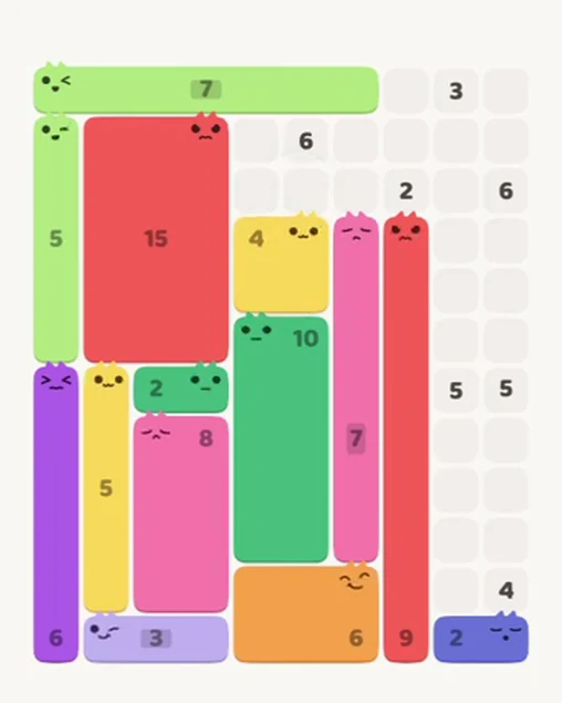 MeowBlock Level 77 after step 14, placing the 4-cell square block at the middle center