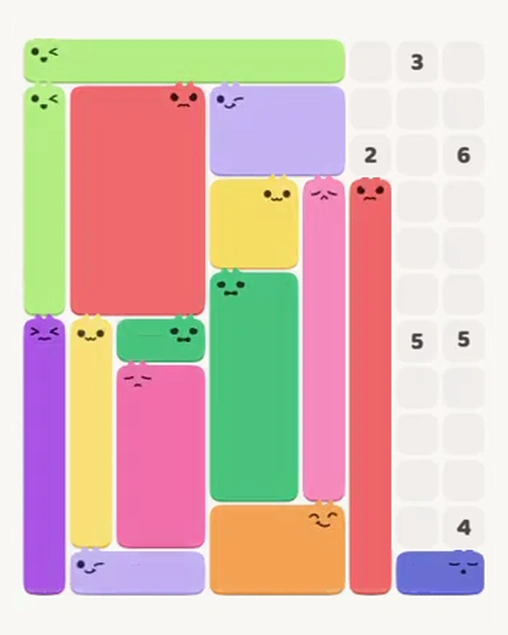 MeowBlock Level 77 after step 15, placing the 6-cell rectangular block at the upper center
