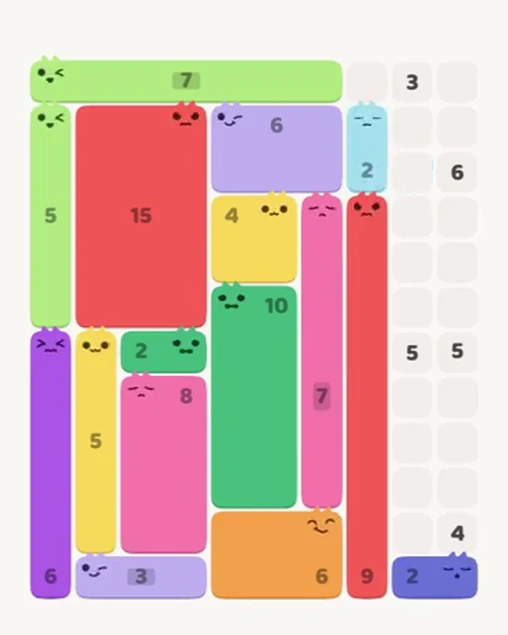 MeowBlock Level 77 after step 16, placing the 2-cell vertical block at the upper-right area
