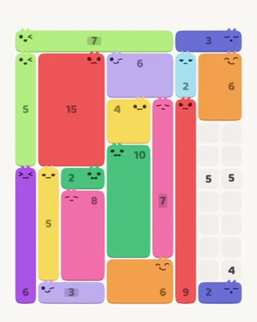 MeowBlock Level 77 after step 18, placing the 6-cell rectangular block at the upper-right area