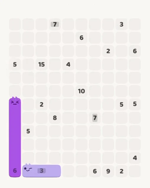 MeowBlock Level 77 after step 2, placing the 6-cell vertical block at the lower-left area
