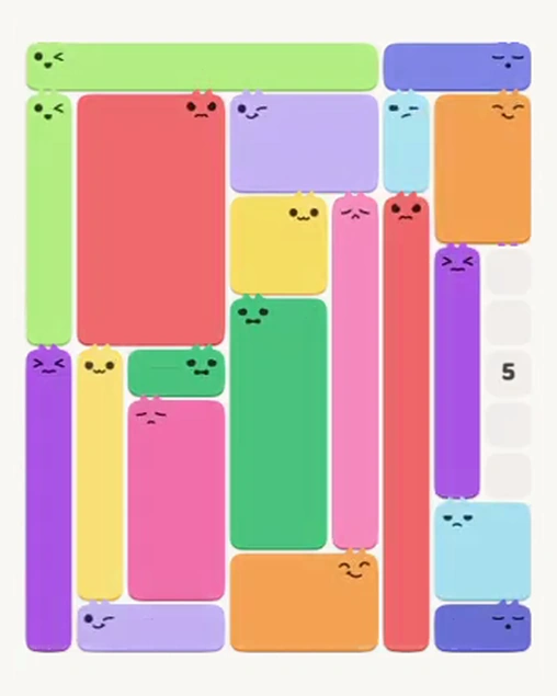 MeowBlock Level 77 after step 20, placing the 5-cell vertical block at the middle-right area