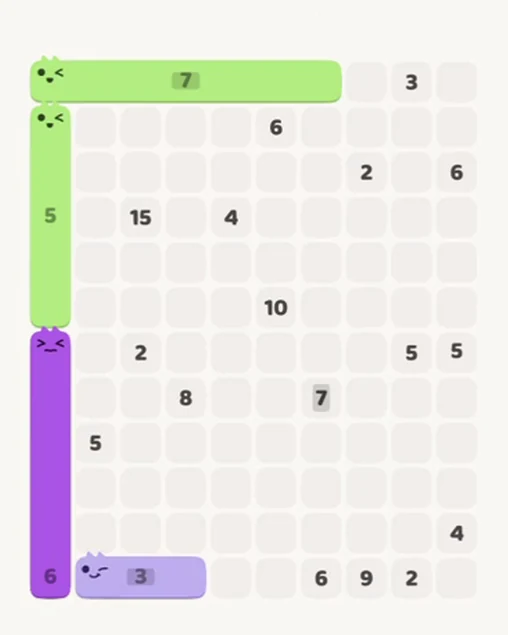 MeowBlock Level 77 after step 4, placing the 6-cell vertical block at the upper-left area