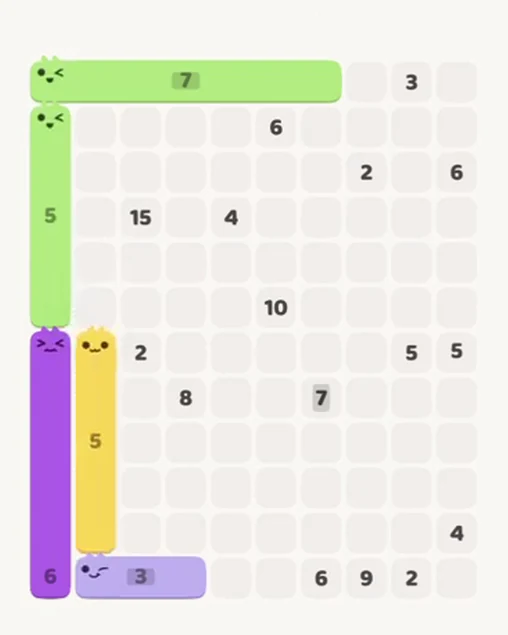 MeowBlock Level 77 after step 5, placing the 5-cell vertical block at the lower-left area