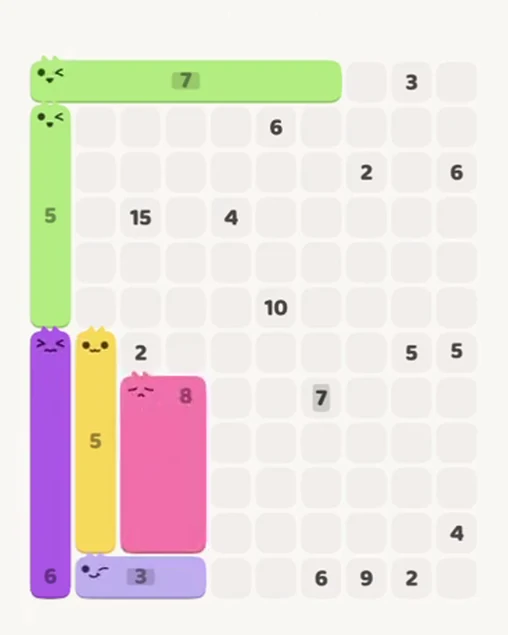MeowBlock Level 77 after step 6, placing the 8-cell rectangular block at the lower center