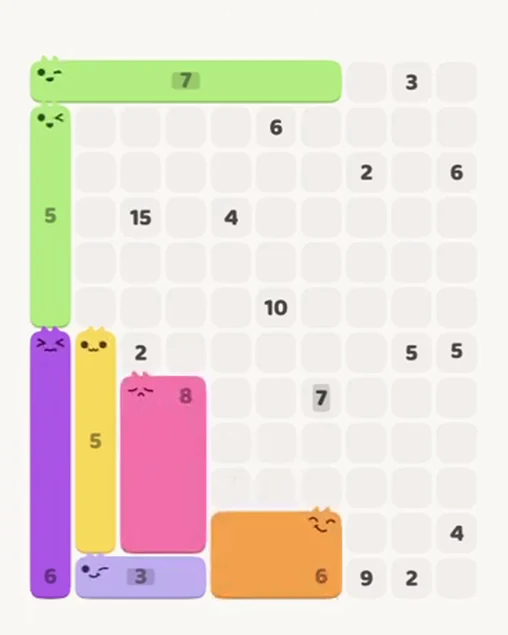 MeowBlock Level 77 after step 7, placing the 6-cell rectangular block at the lower center
