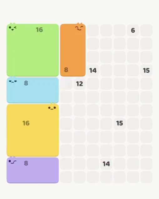 MeowBlock Level 78 after step 5, placing the 8-cell rectangular block at the upper center