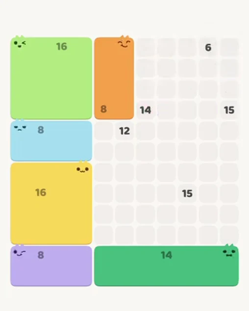 MeowBlock Level 78 after step 6, placing the 14-cell rectangular block at the lower-right area