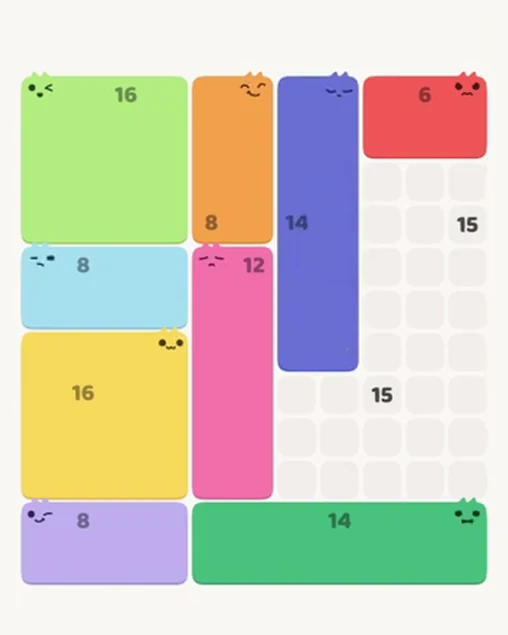 MeowBlock Level 78 after step 9, placing the 14-cell rectangular block at the upper-right area