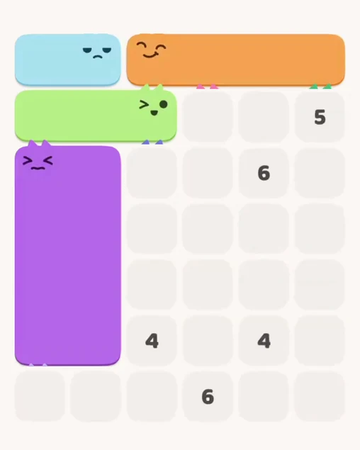 MeowBlock Level 8 after step 4, placing the 3-cell horizontal block at the upper-left area