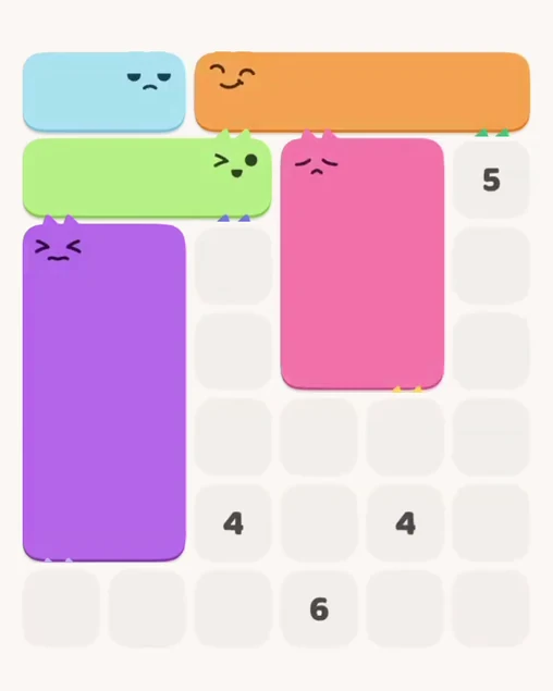 MeowBlock Level 8 after step 5, placing the 6-cell rectangular block at the middle-right area