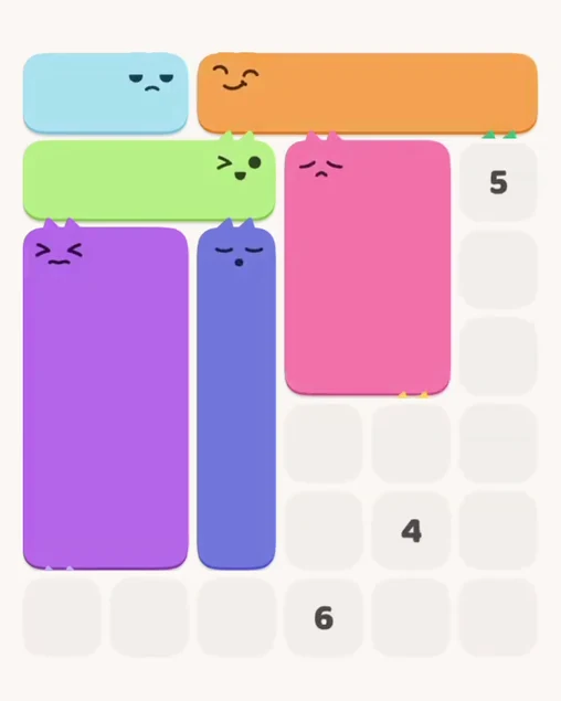 MeowBlock Level 8 after step 6, placing the 4-cell vertical block at the middle center