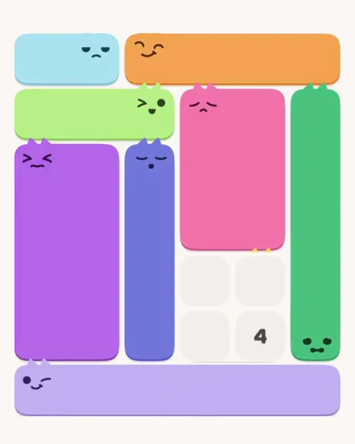 MeowBlock Level 8 after step 8, placing the 5-cell vertical block at the middle-right area