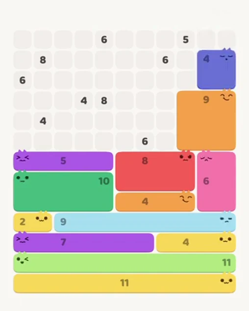 MeowBlock Level 80 after step 13, placing the 4-cell square block at the upper-right area