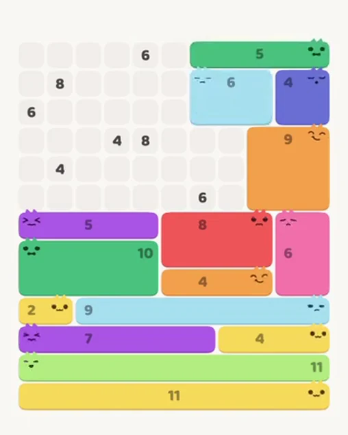 MeowBlock Level 80 after step 15, placing the 6-cell rectangular block at the upper-right area