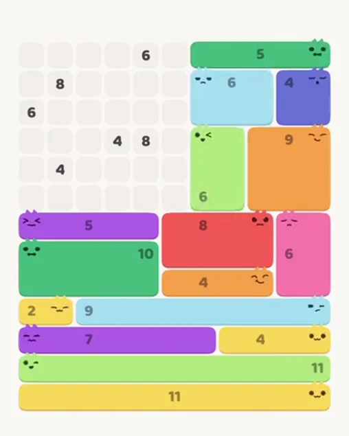 MeowBlock Level 80 after step 16, placing the 6-cell rectangular block at the middle-right area