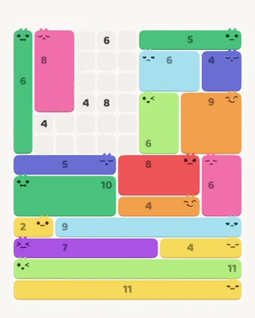 MeowBlock Level 80 after step 18, placing the 8-cell rectangular block at the upper-left area