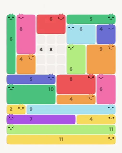 MeowBlock Level 80 after step 20, placing the 6-cell rectangular block at the upper center