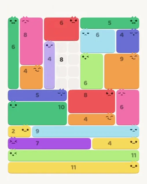 MeowBlock Level 80 after step 21, placing the 4-cell vertical block at the middle center