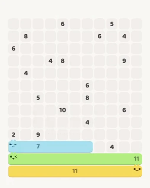 MeowBlock Level 80 after step 3, placing the 7-cell horizontal block at the lower center